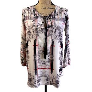 Fracomina Women's Gray Abstract Graphic Print Tied Split Neck Top Blouse Sz L